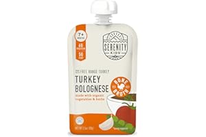 Serenity Kids 7+ Month Bone Broth Puree Made with Organic Veggies - Clean Label Project Purity Award Certified - BPA-Free Pouch - 3.5 Oz Free Range Turkey Bolognese - 12 Count Baby Food Turkey Puree