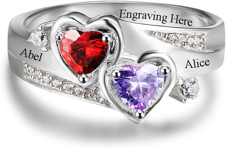 JewelOra Personalised Couples Simulated Birthstones Promise Heart Rings Engraved Names Engagement Rings for Her