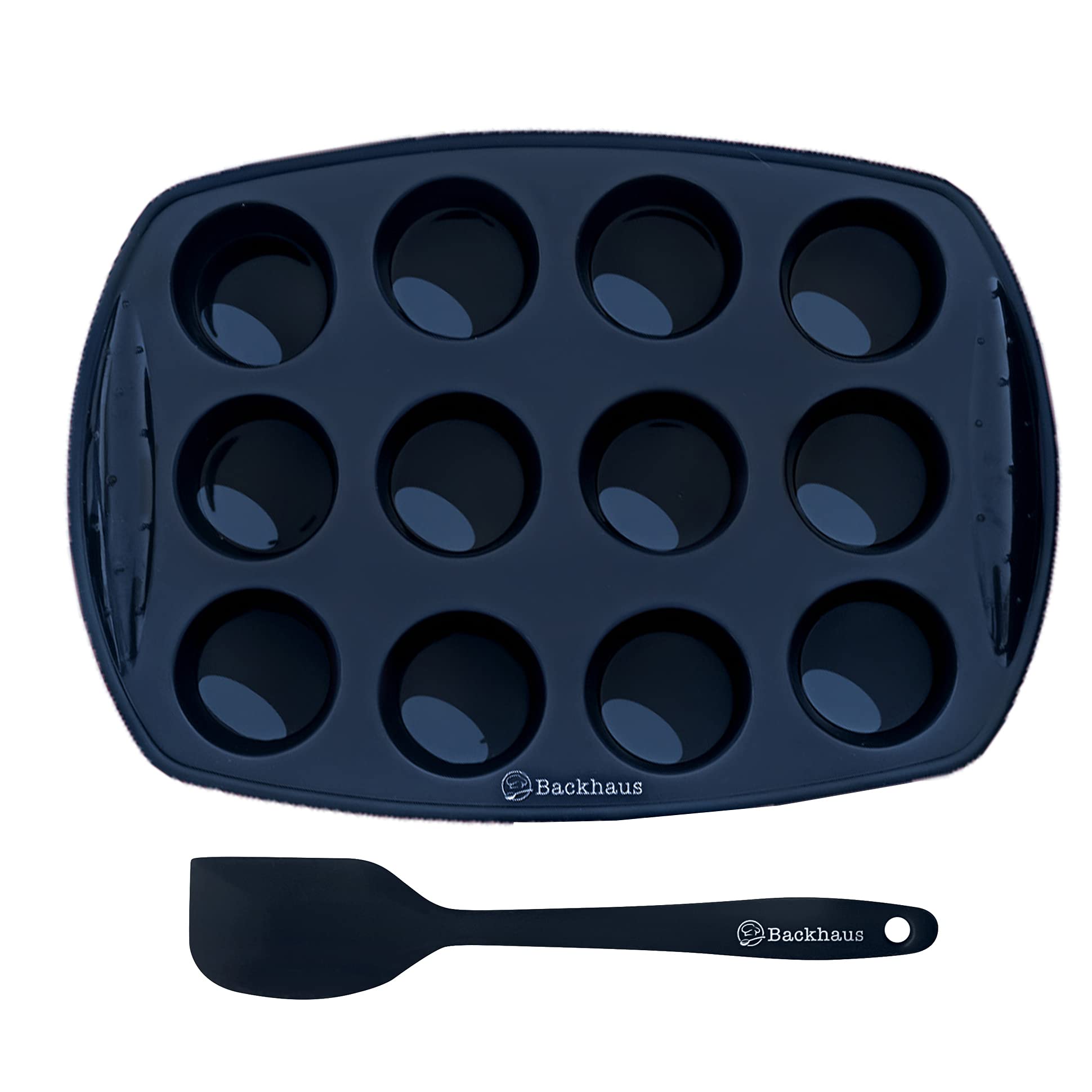 Backhaus Mini Muffin Pan x 12 | Non-Stick Baking Set with Spatula Cake Mold in Platinum Silicone with Handles (Black, 1)