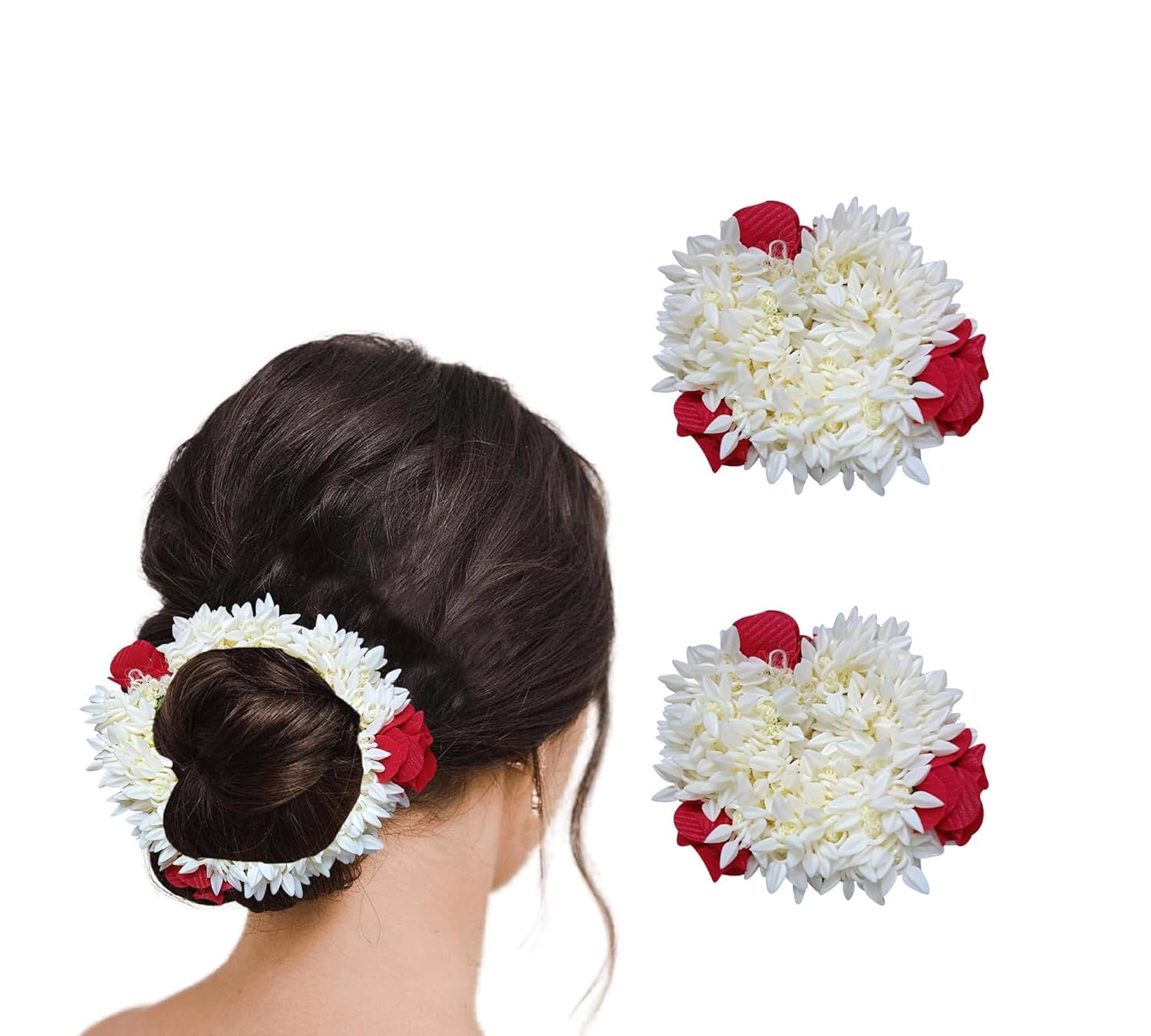 Photo 1 of (Pack Of 2) Traditional Indian Hair and Hand accessories White Gajra with Artificial Red Flower Handmade Veni tiara For Women Girls Party Wear bridal mehndi Hair Bun