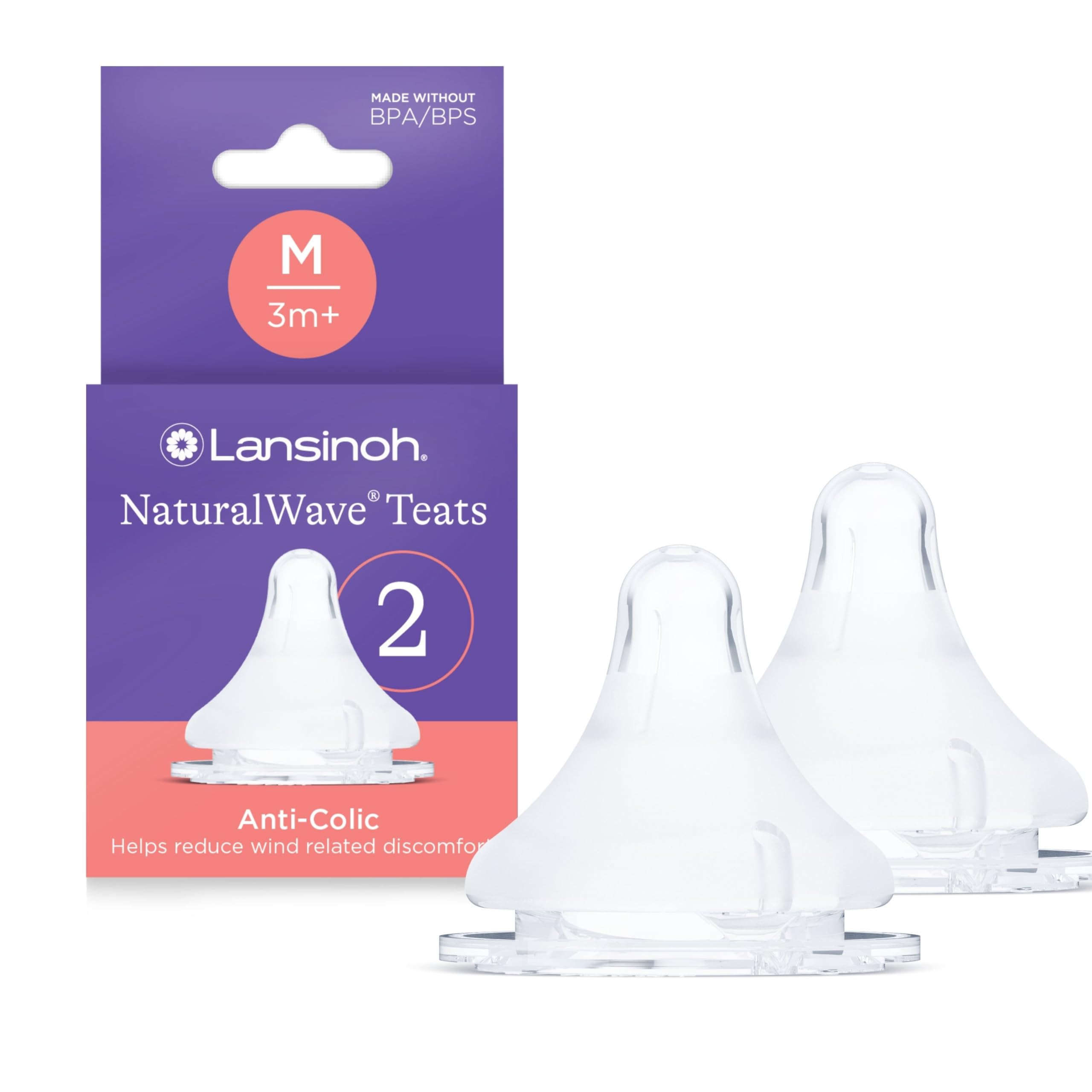 Lansinoh NaturalWave Baby Bottle Teats - Medium Flow - Anti-Colic Air Vent - BPA & BPS-Free - Clinically Proven to Reduce Nipple Confusion - Compatible with Lansinoh Bottles - 2 Pack