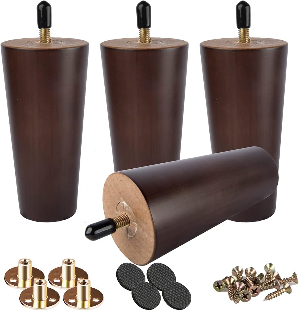 Btowin 6 Inch Solid Wood Furniture Legs 4Pcs Walnut with Threaded M8 Bolts