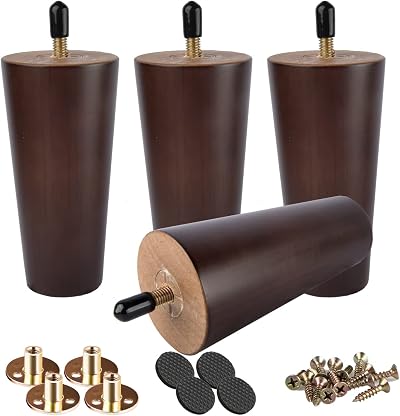Btowin 6 Inch Solid Wood Furniture Legs 4Pcs Walnut with Threaded M8 Bolts