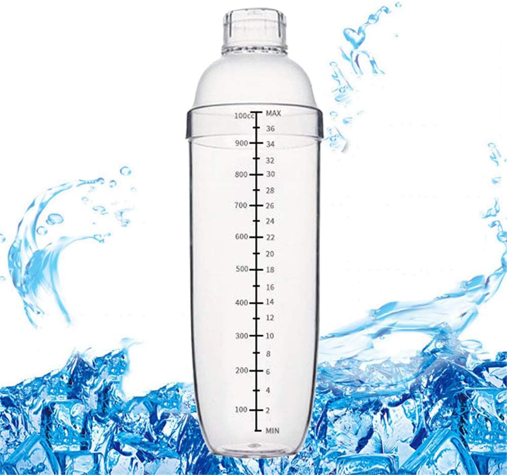 QINGJIANG Boston Cocktail Shaker Mixer Plastic with Measurement Bartender Tool Milk Tea Bar Home Cocktail Lovers (1000ml)