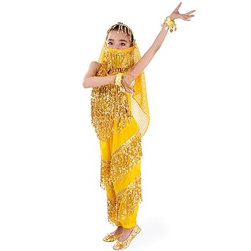 SymbolLife Mädchen Bauchtanz Kostuem Kinder tanzkleid, Trägertop + Pluderhosen + Kopftuch+ Armbänder+ Handtuch