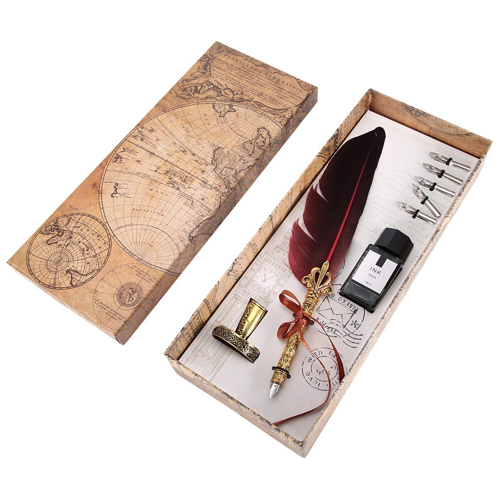 Feather pen,Feather Quill pen and ink set,Vintage Retro Feather Dip Pen,Calligraphy Writing Ink Pen Gift,with 5 replaced pen nips(Red)
