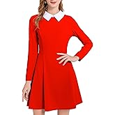 AXUIOKRY Womens Long Sleeve Peter Pan Collar Cute Fit and Flare Aline Dress