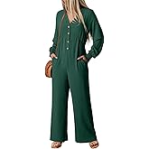 Dokotoo Womens Jumpsuits V-Neck Button Up Lantern Sleeve High Waist Wide Leg Rompers Loose Casual Jumpsuits with Pockets
