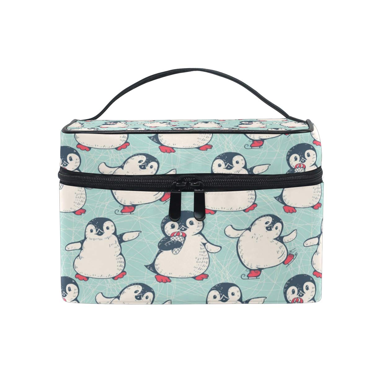 Blueangle Cute Penguin Makeup Bag Portable Travel Cosmetic Bag Organizer Multifunction Case with Double Zipper Toiletry Bag for Woman (9"x6.2"x6.5")