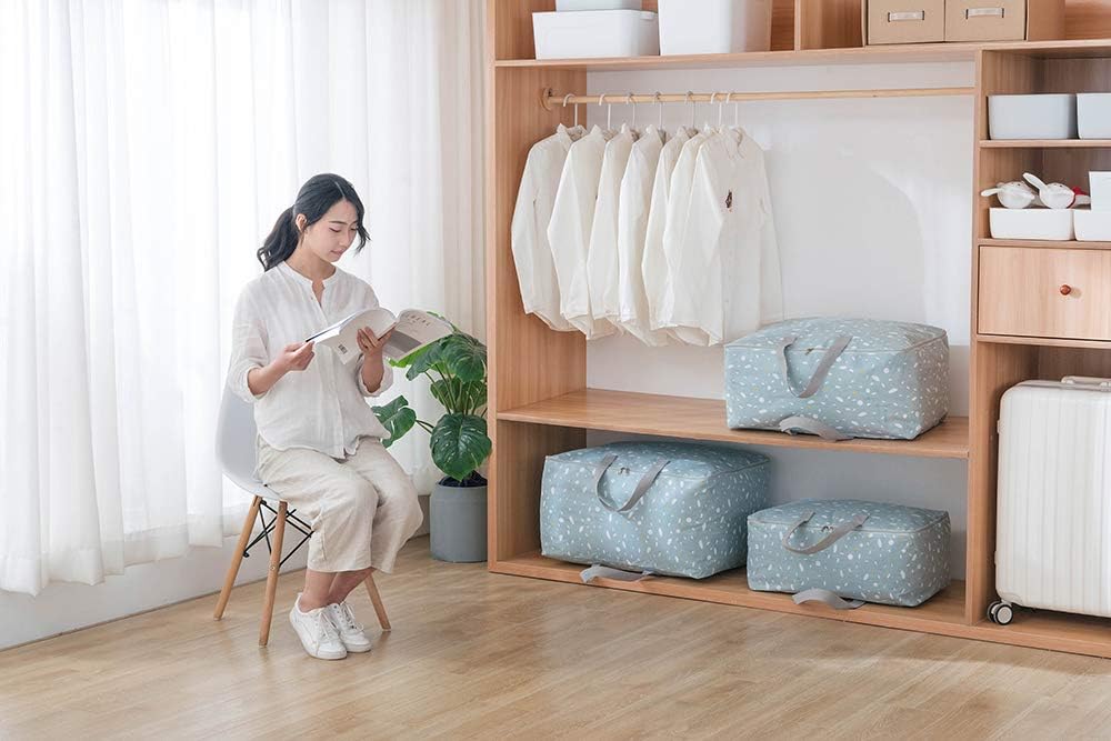 Jujin 3 Pack 100% Linen Cotton Storage Bags Large Clothes Organizer Storage Bags for Clothing Comforters and Blankets Blue