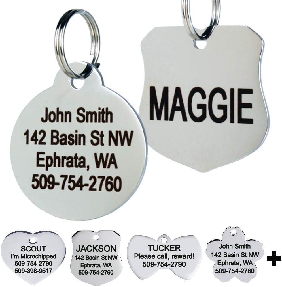 GoTags Stainless Steel Pet Id Tags, Personalised Dog Tags & Cat Tags. Up to 8 Lines of Text – Engraved Front & Back. Bone, Round, Heart, Flower, Shield, House, Star, Rectangle, & Bow Tie.