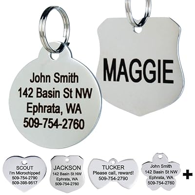GoTags Stainless Steel Pet ID Tags, Personalized Dog Tags and Cat Tags, up to 8 Lines of Custom Text Engraved on Both Sides, in Bone, Round, Heart, Bow Tie, Flower, Star and More