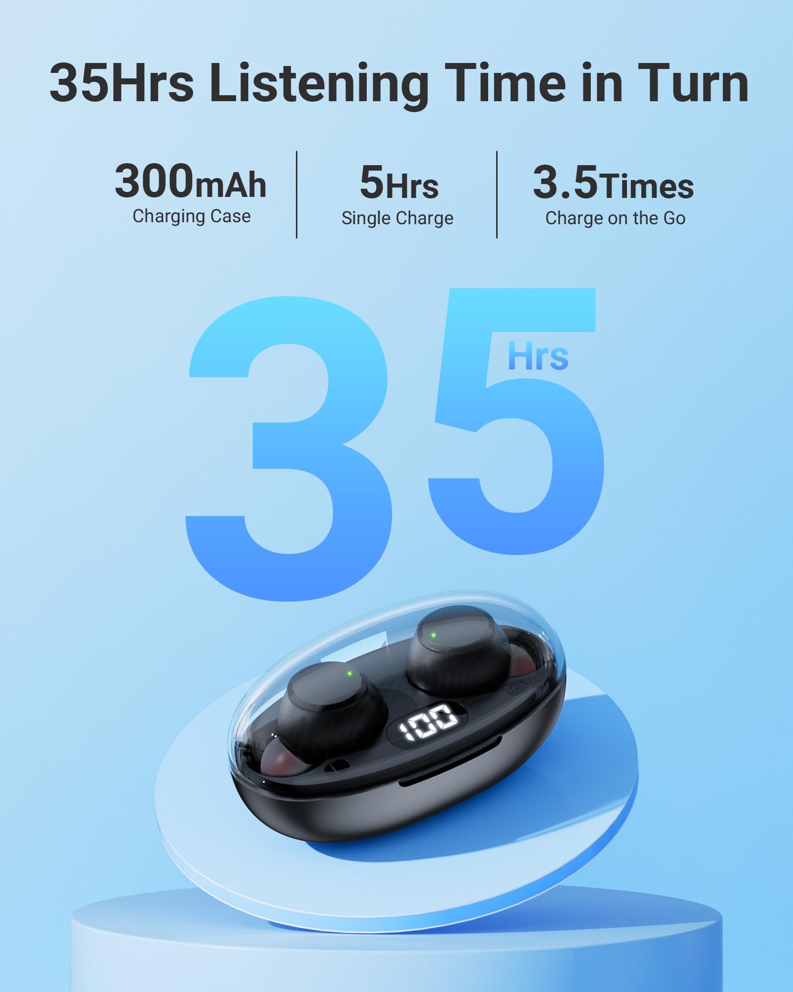 Ear Buds Wireless Earbuds Bluetooth 5.4 Headphones with LED Power Display, IPX8 Waterproof, Mini Earbud, Built-in Mic Calls, Ultra-Light, Stereo Earphones for Sports, Gym, Running, Workout, Black S - Image 2