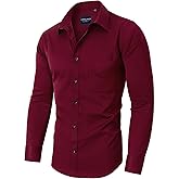 Alimens & Gentle Men's Dress Shirts Long Sleeve Stretch Shirts Solid Button Down Shirt with Pocket