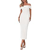 PRETTYGARDEN Summer Dresses for Women Formal Off The Shoulder Midi Bodycon Ribbed Knit Spring Wedding Guest Dress