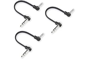 M MAKA Flat Low Profile Stereo Guitar Patch Cable 8 inch for Effects Pedals, 1/4 inch TRS Right-Angle, Black, 3-Pack