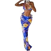 WDIRARA Women's 3 Piece Floral Halter Bikini Set Ring Linked Leopard Print Swimsuit with Coverup Skirt