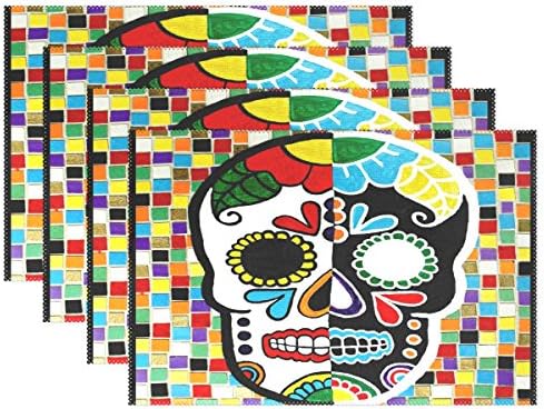 Set of 4 Sugar Skull Mosaic Placemat Polyester Plate Holder Table Mats for Kitchen Dining Room,12x18 Inch