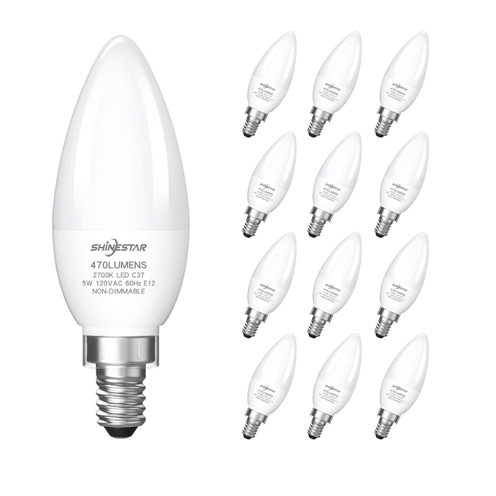 Photo 1 of SHINESTAR 12-Pack Candelabra 40W Equivalent LED Light Bulbs, 2700K Warm White Ceiling Fan Lightbulbs, Type B Small E12 Base, 5W B11 Chandelier Bulb, C37 Candle Lights, Non-dimmable