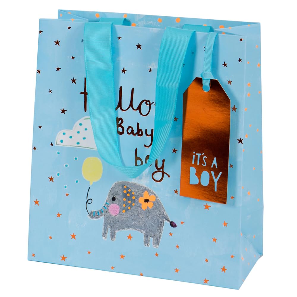 Glick Luxury Medium Elephant Design Gift Bag, Welcome Baby Boy, Birth of Son, 200x225x100mm, Blue