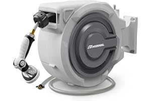 150 FT x 1/2" Retractable Garden Hose Reel by HOZEREEL, Outdoor Garden Hose Reels - Automatic Self Retract Wall Mount Hose Reel Enclosed Storage, Any Length Lock, 10 Pattern Nozzle-Grey