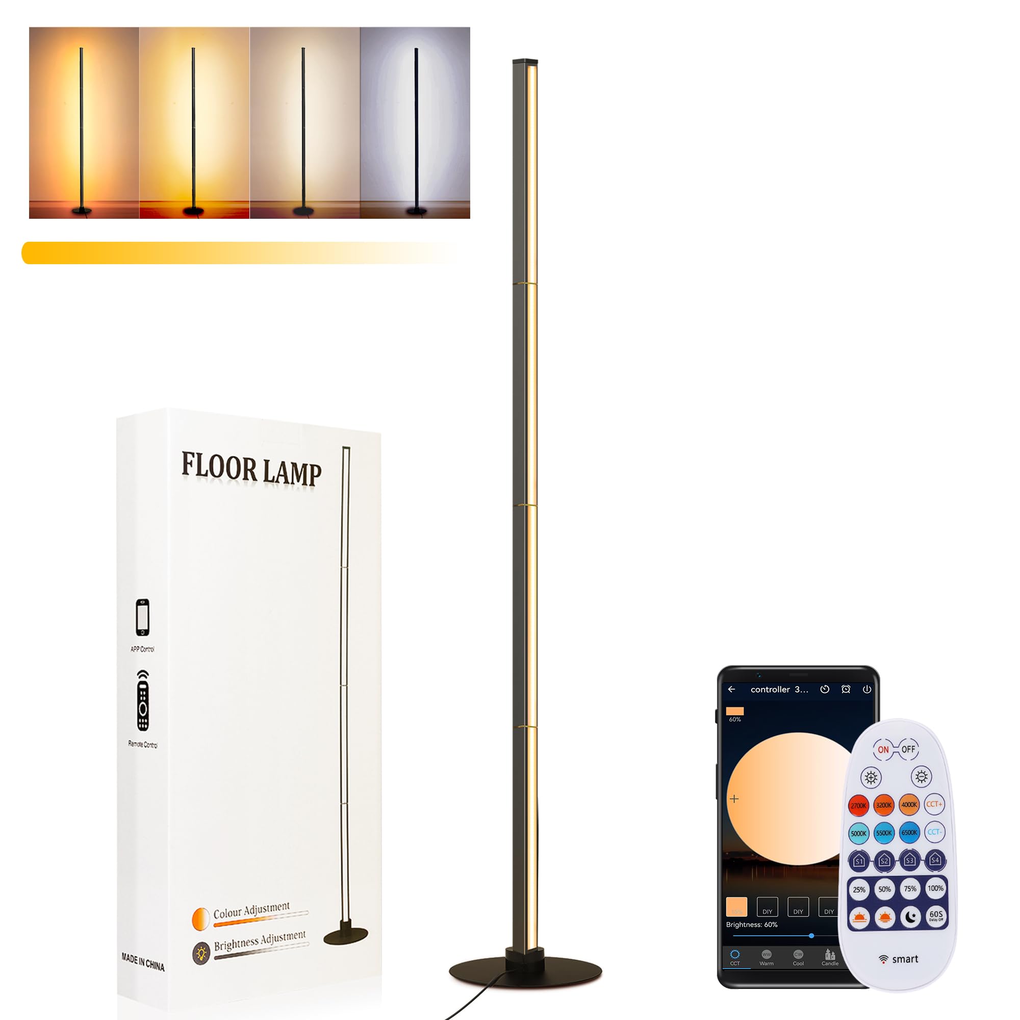 Photo 1 of PMS 63“ Modern Metal Floor Lamp, Warm to White Color Changing Standing Lamp, Stepless Dimmable Brightness Corner Lamp with APP & Remote Control for Living Room, Bedroom, Office
