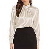 Neweek Womens Satin Blouses Long Sleeve Mock Neck Elegant Pleated Silk Shirts Tops for Business Casual Work