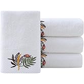 Pidada Hand Towels Set of 4 Embroidered Floral Pattern 100% Cotton Absorbent Soft Decorative Towel for Bathroom (White Pattern 1)