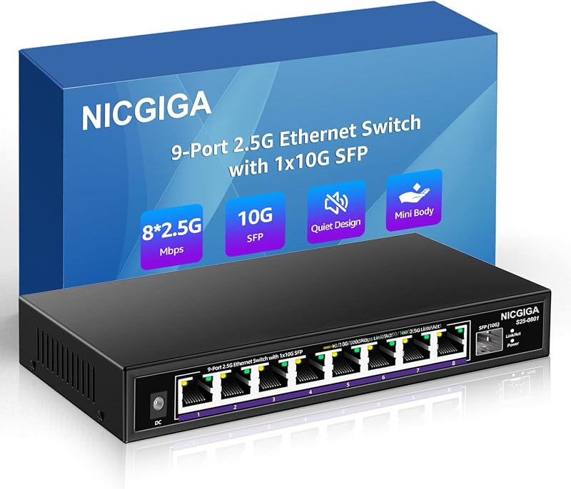NICGIGA 8 Port 2.5G Ethernet Switch 10G SFP Uplink Unmanaged Plug & Play Fanless