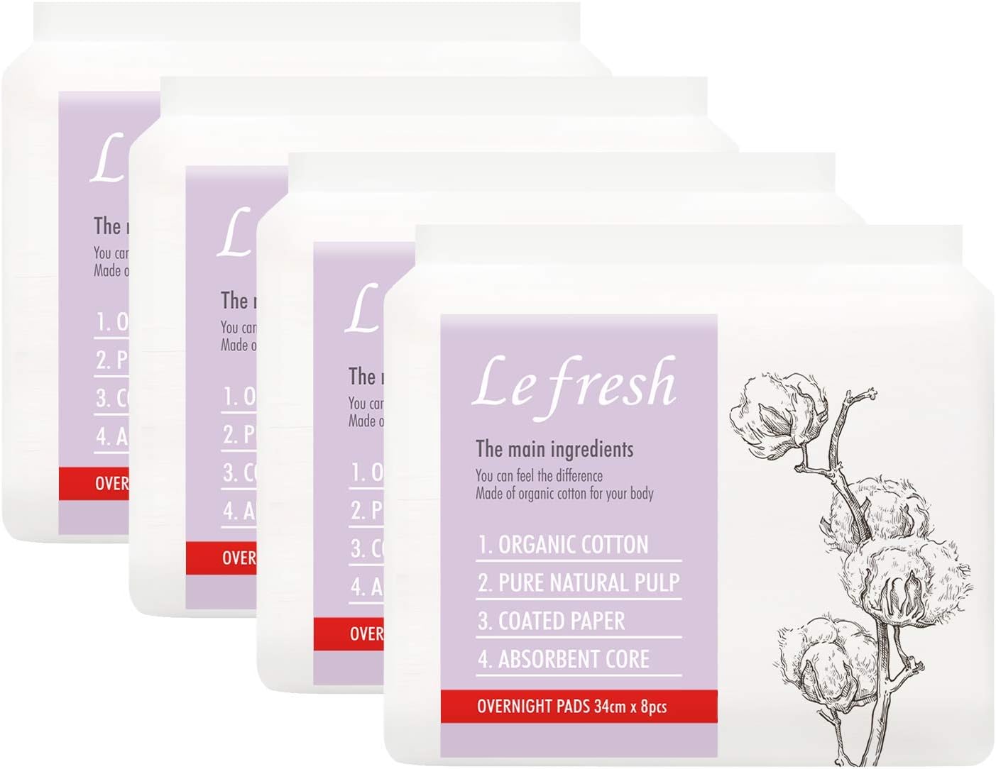 Lefresh Certified Organic Cotton Sanitary Pads with Wings 13", Overnight, 32 Count (8pcs, 4 Packs) - Healthy Pure Natural Menstrual Pads for Women All Night Protection: Health & Personal Care