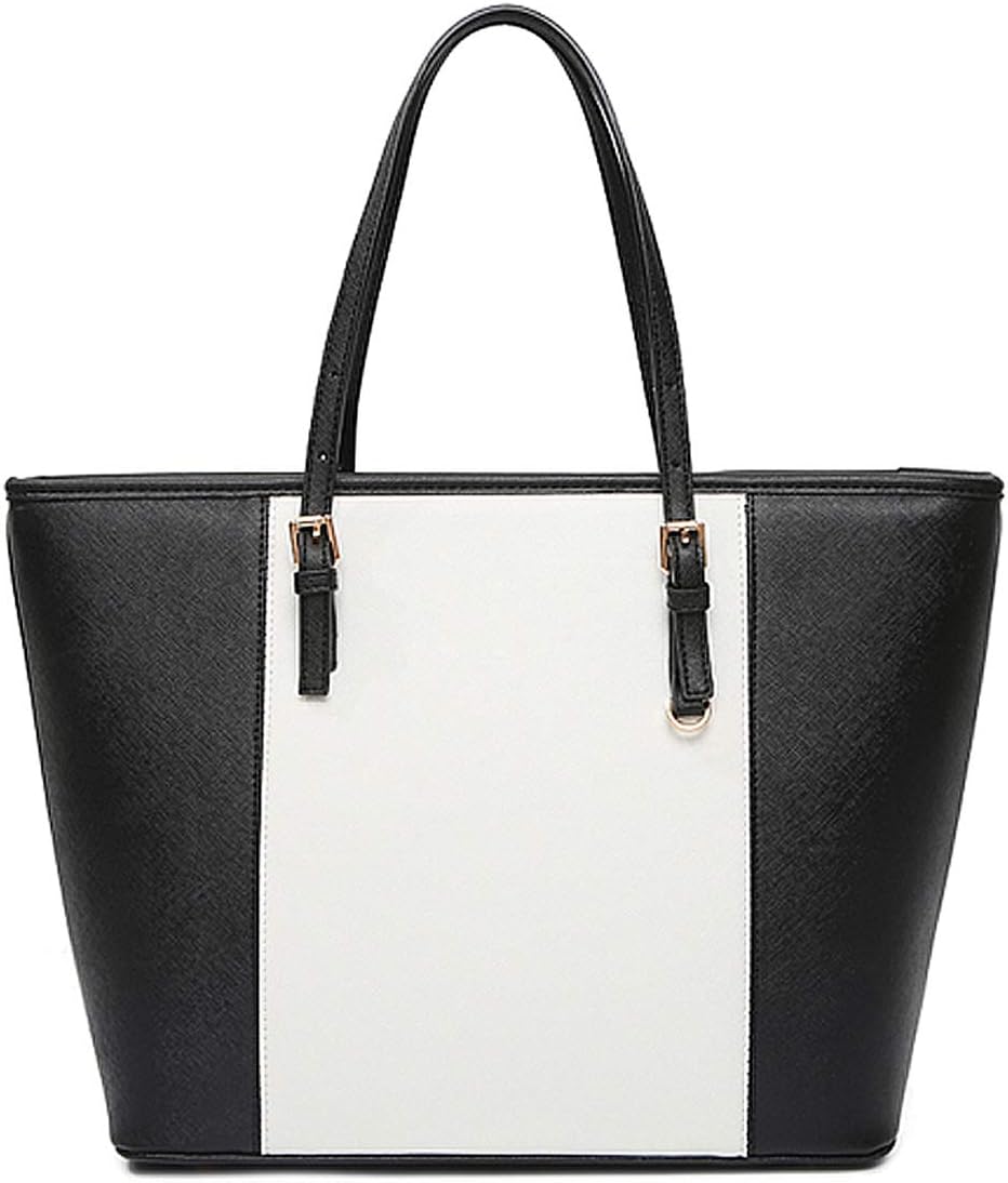 Ladies Designer Leather Style Large Tote Bag Shoulder Satchel Handbag (Black&White)