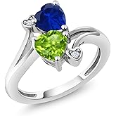 Gem Stone King 10K White Gold Green Peridot and Blue Created Sapphire Ring For Women (1.66 Cttw, Heart Shape 6MM, Gemstone Birthstone)