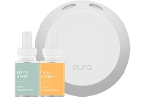 Pura - Smart Home Fragrance Device Starter Set - Pura 4 - Scent Diffuser for Home - Includes Fragrance Aroma Diffuser - Square Box, Linens & Surf and Yuzu Citron Scent Refills