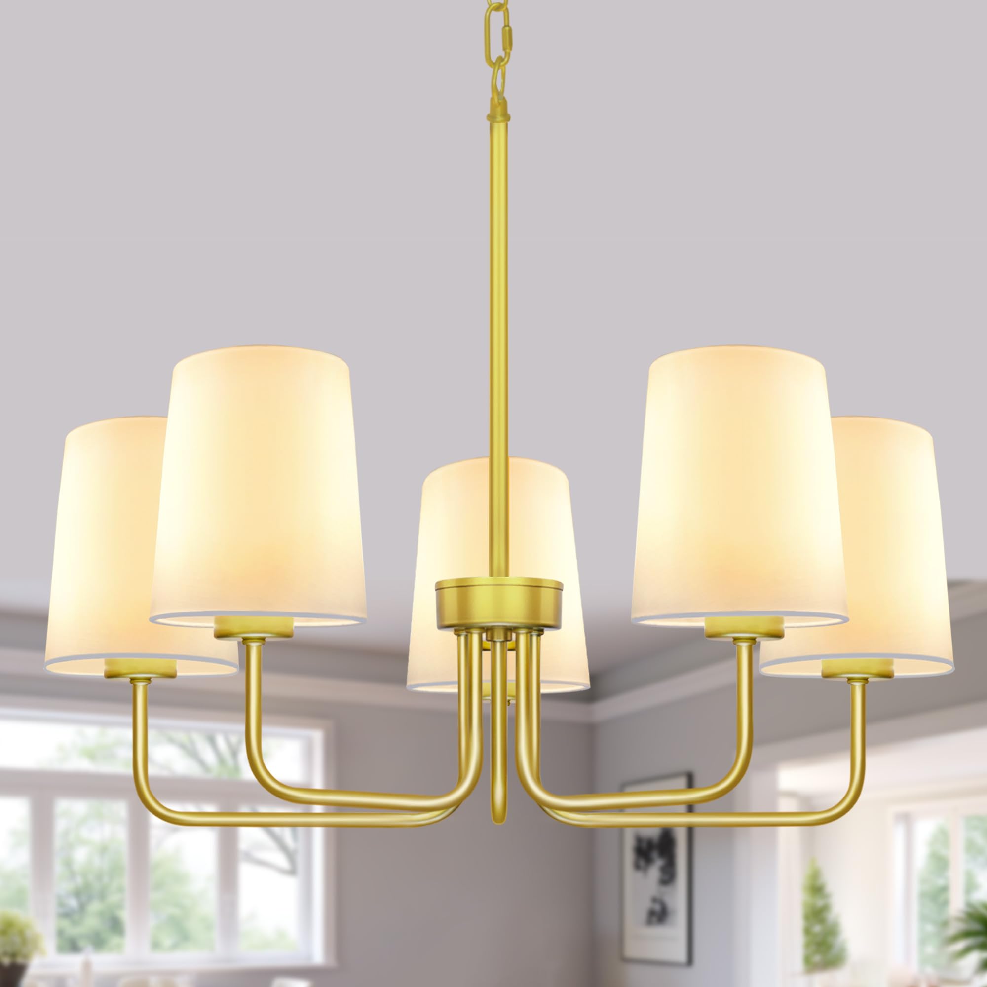 Photo 1 of Laiebri Farmhouse Chandelier, 5-Light Gold Chandelier with White Fabric Shade, Height Adjustable Modern Dining Room Light Fixture with E26 Base for Bedroom Foyer Hallway Entryway Kitchen Living Room