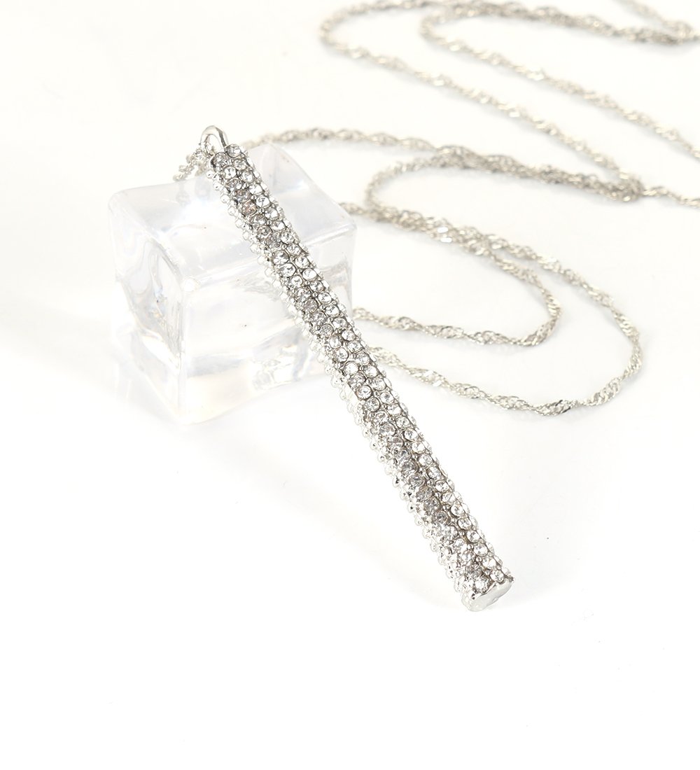 ELEARD Silver Bar Pedant Necklace Vertical Bar Drop Pedant with Crystal Paved Twist Chain Long Necklace
