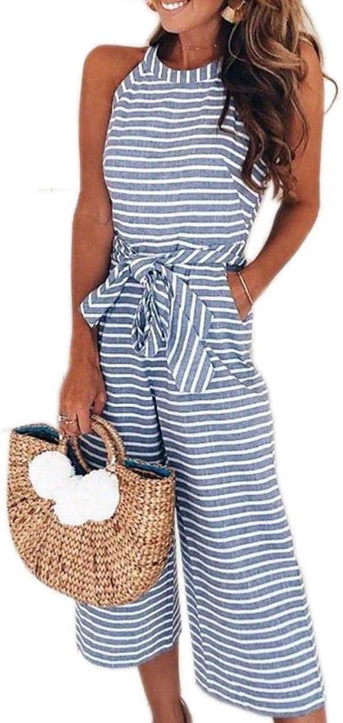 RIBITENS Women Casual Sleeveless Jumpsuit Strap Bow Wide Leg Rompers with Pockets