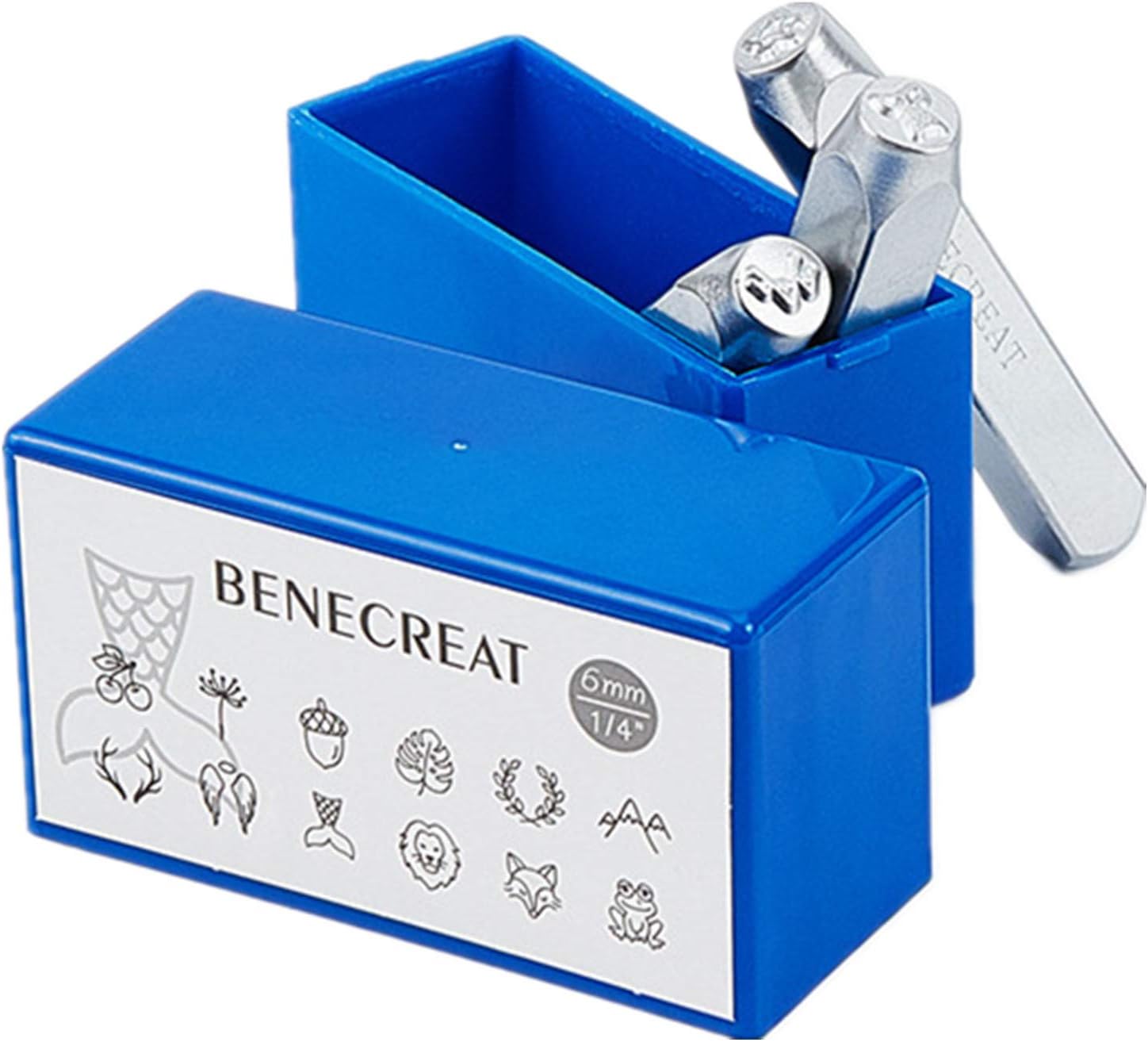 BENECREAT 12 Packs (6mm 1/4") Matte Design Metal Stamp Punches with Tool Case for Jewelry Wood Stamping Animals and Plants Theme