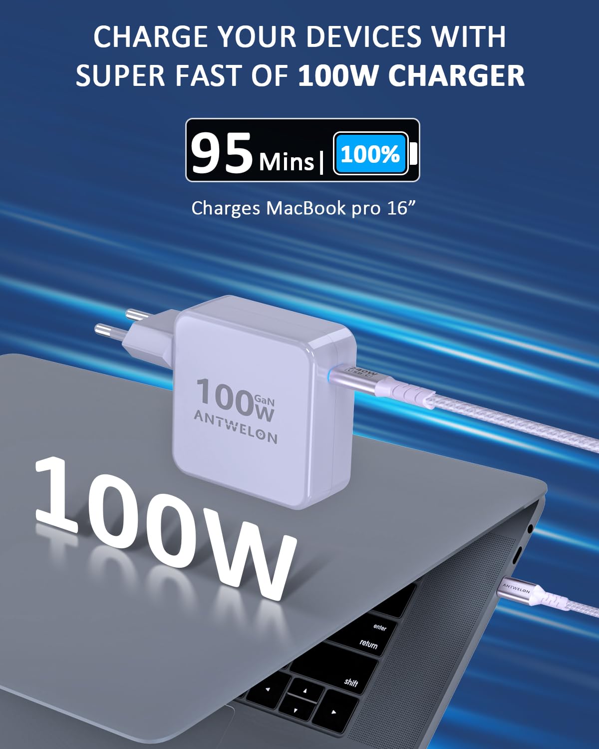 ANTWELON 100W USB C Ladegerät GAN Netzteil Typ C für MacBook Pro 16 15 14 Zoll, MacBook Air, iPad Pro, Galaxy S24 S23, Dell XPS, HP, Lenovo Thinkpad Yoga, Laptop, Tablet (lila) 2