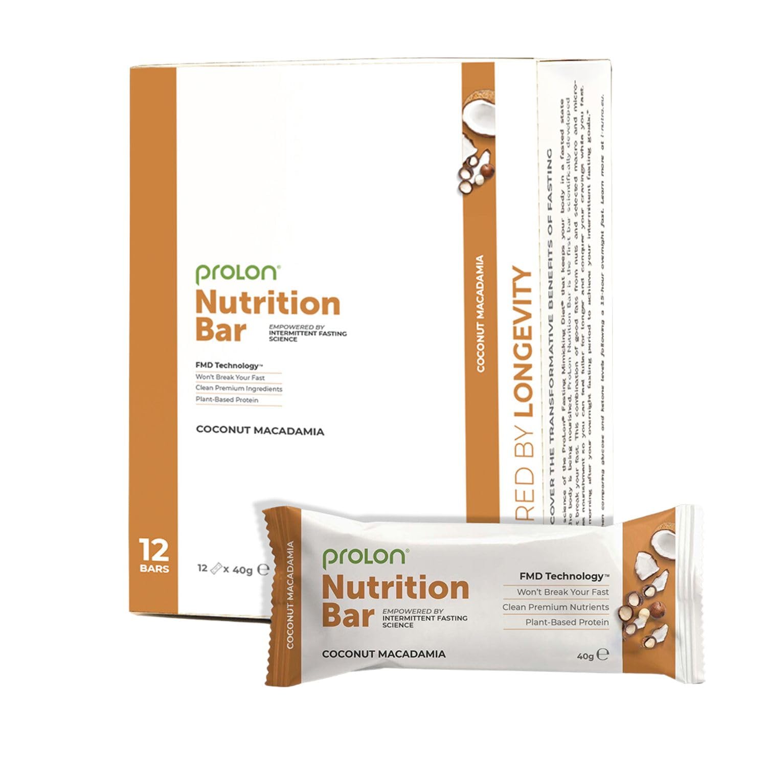 ProLon Nutrition Bar | Intermittent Fasting Bar | Vegetarian & Gluten Free | Keto-Friendly with Plant Based Protein | Developed to Not Break a Fast | Made in Italy | 12 Ct, Macadamia & Coconut Nuts