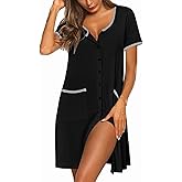 Ekouaer Nightgowns for Women Bamboo Viscose Button Down Sleep Shirts Short Sleeve Nightshirts House Dress with Pockets