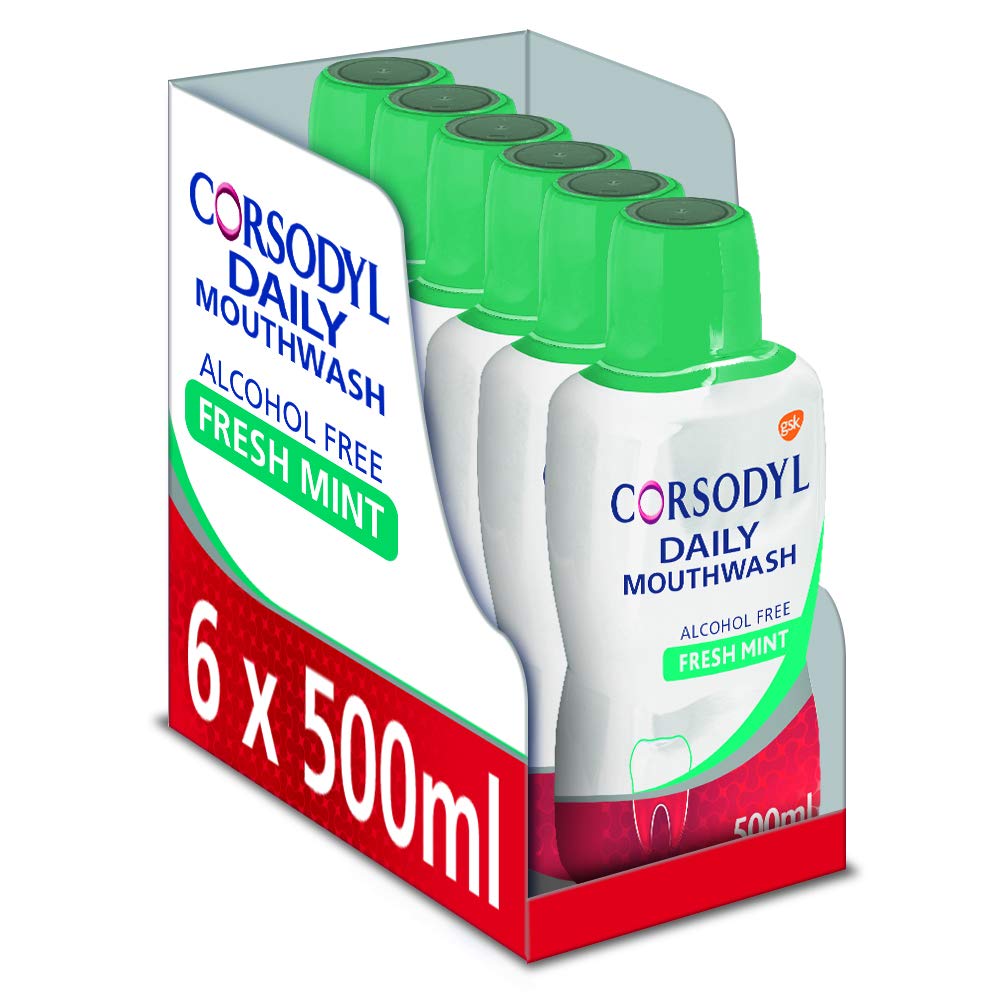 Corsodyl Mouthwash, Alcohol Free Daily Gum Care Mouthwash, Fresh Mint Flavour, 500 ml, Pack of 6