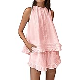 Xfileen Womens Ruffle Pajama Set Cotton 2 Piece Sets Summer Sleeveless Lace Trim Top and Shorts