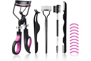 MUIIGOOD Eyelash Curlers Kit for Women w Lash Curler, Eyelash Comb Seperator, 3 in1 Mascara Brushes, Eyelash Extension Tweezers, Foldable Eyebrow Brush and Comb, 10 Silicone Refills Pads