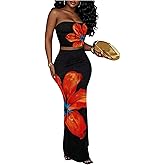 RoseSeek Women's 2 Piece Outfits Floral Bandeau Tube Crop Top and Bodycon Maxi Skirts Boho Beach Vacation Clothes