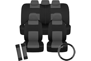 BDK PolyPro Car Seat Covers Full Set in Charcoal on Black with Steering Wheel Cover & Seat Belt Pads – Front and Rear Split Bench Car Seat Cover, Easy to Install, Interior Covers for Auto Truck SUV