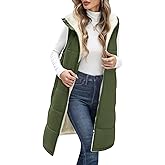 Uikue Womens Fall Long Vest - Sleeveless Fleece Lined Coats Sherpa Quilted Puffer Jackets with Hood Zip Warm Winter Outwear