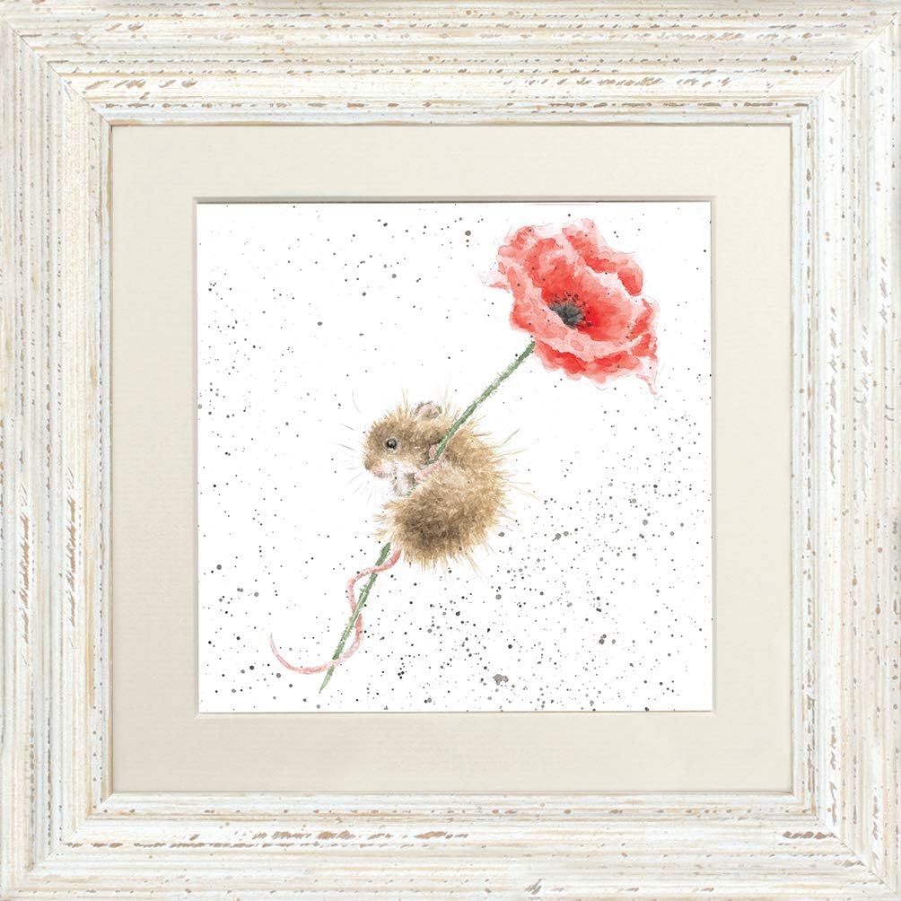 Wrendale Designs Poppy Mouse Framed Picture in Various Frame Colours (Distressed White)
