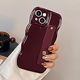 LAPOPNUT for iPhone 14 Case for Women Girls,Simple Curly Wave Frame Design Soft Silicone Phone Case with Adjustable Wrist Strap Kickstand for iPhone 14 Protective Cover,Wine Red