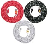 NEWLY Designed High Quality, 10ft(3m) Braided Nylon Lightning Charging Cables for Apple iPhone 5 5C 5S,iPhone 6, 6 Plus, iPad 4 Mini, iPod Touch 5/Nano 7, 8 pin to USB - 3pack (black/red/white)