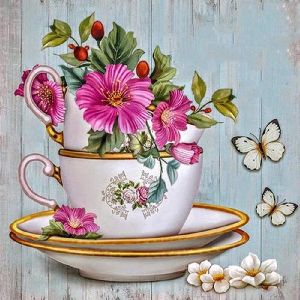 Runfar 5D Diamond Painting Kits for Adults Full Drill Square Rhinestone Embroidery Dotz Coffee Cup Flower Butterfly Craft Cross Stich Gift Home Decor Large Size 40x40cm/16x16inch